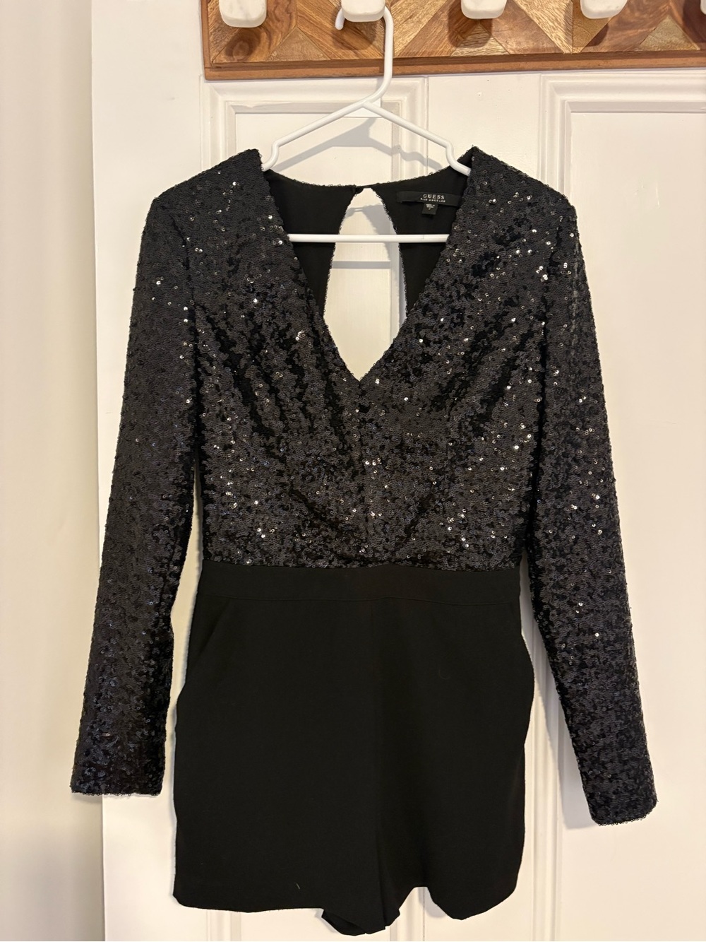 Guess Black Sequin Long Sleeve V-Neck Romper